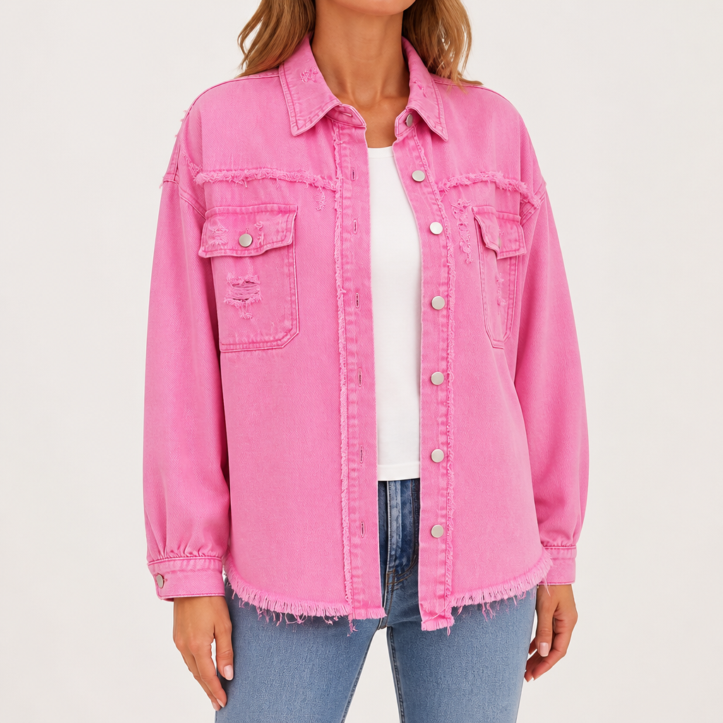 Clarissa | Womens Longline Distressed Denim Jacket, Pink