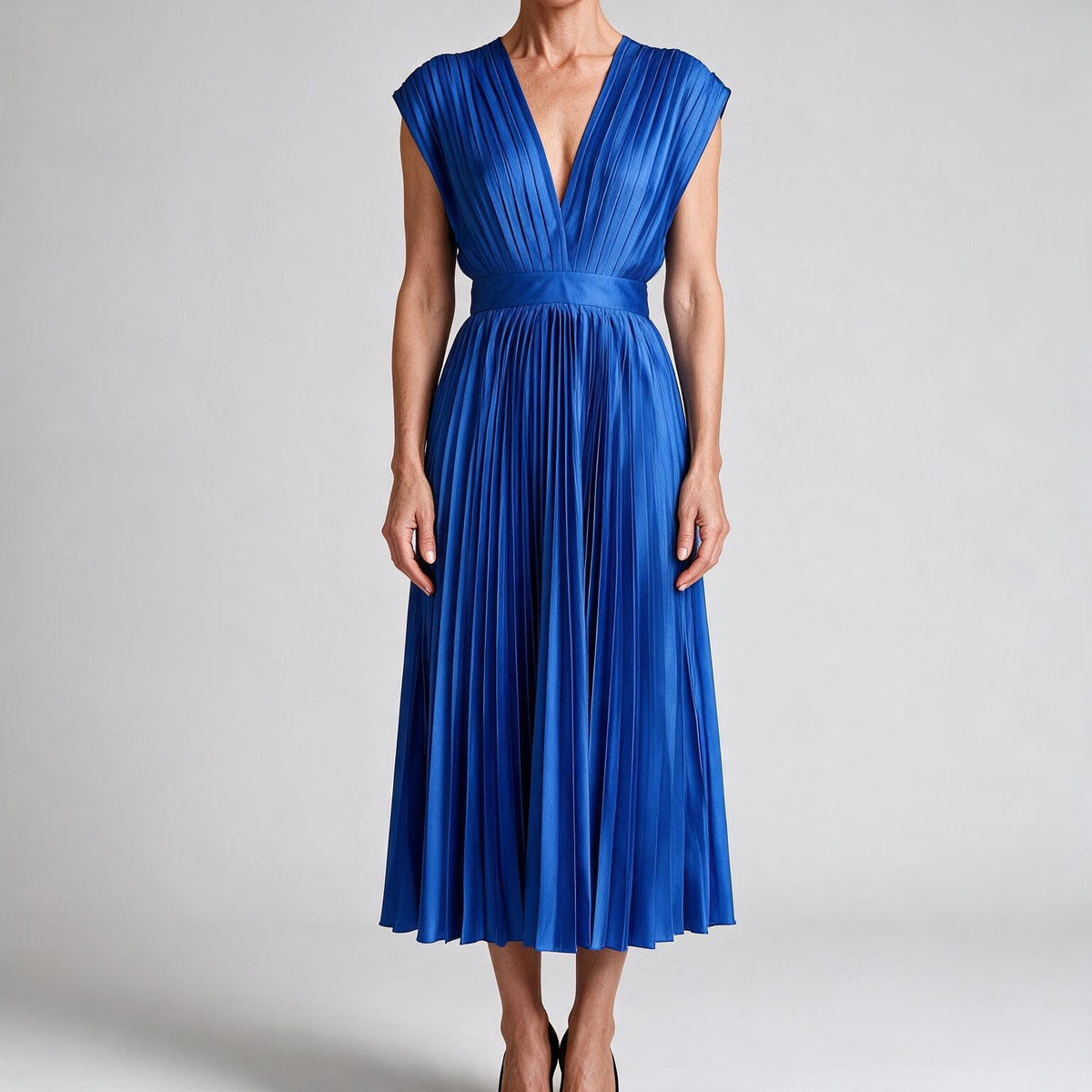 Anais | Womens Wedding Guest Satin V Neck Pleated Midi Dress Blue
