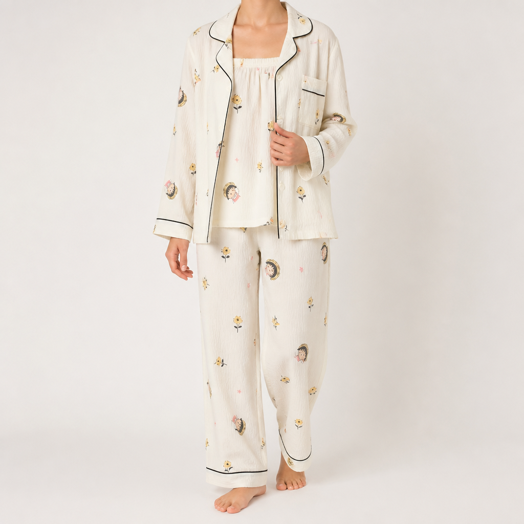 Rosalind | Womens Long Sleeve Button Up Cotton Pyjama Set Loungewear, Cream 7