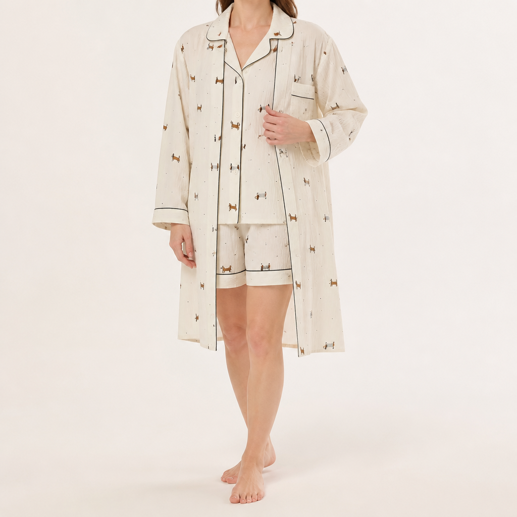 Maisie | Womens Cotton Three Piece Pyjama Set, Cream