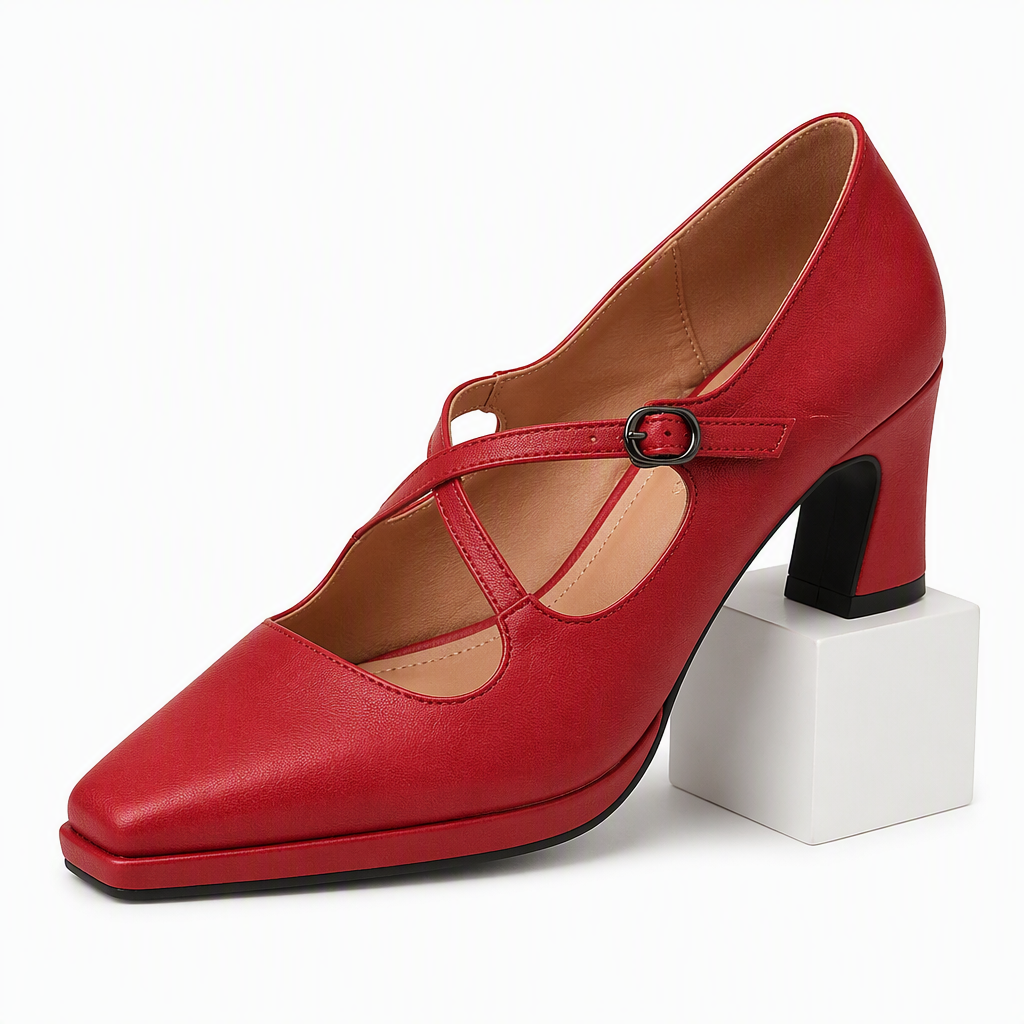 Beatrix | Womens Pointed Toe Chunky Heel Buckle High Heel Shoes Red packshot