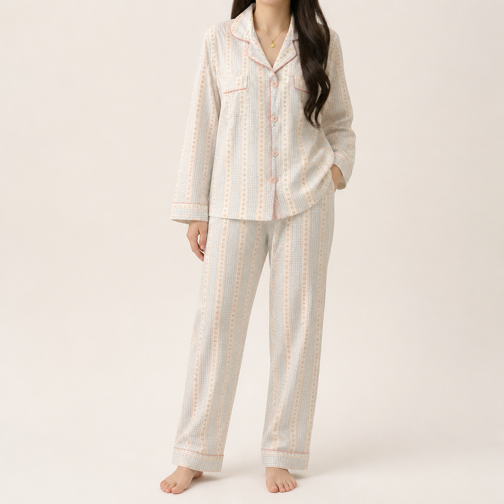 Beatrix | Womens Long Sleeve Cotton Pyjama Set Loungewear, Cream 4