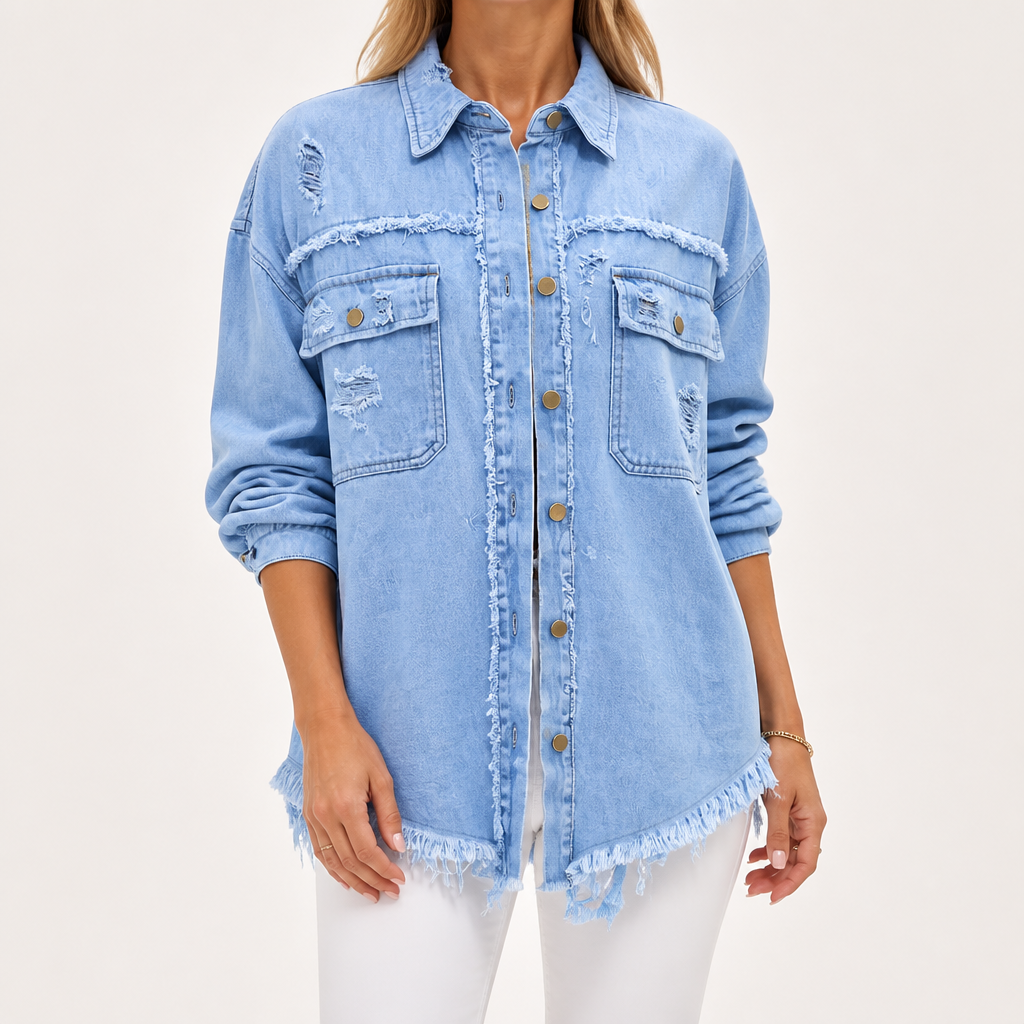 Genevieve | Womens Ripped Longline Denim Jacket, Sky Blue