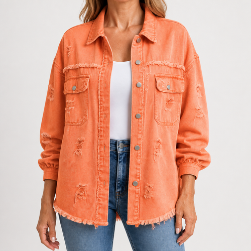 Clarissa | Womens Longline Distressed Denim Jacket, Orange