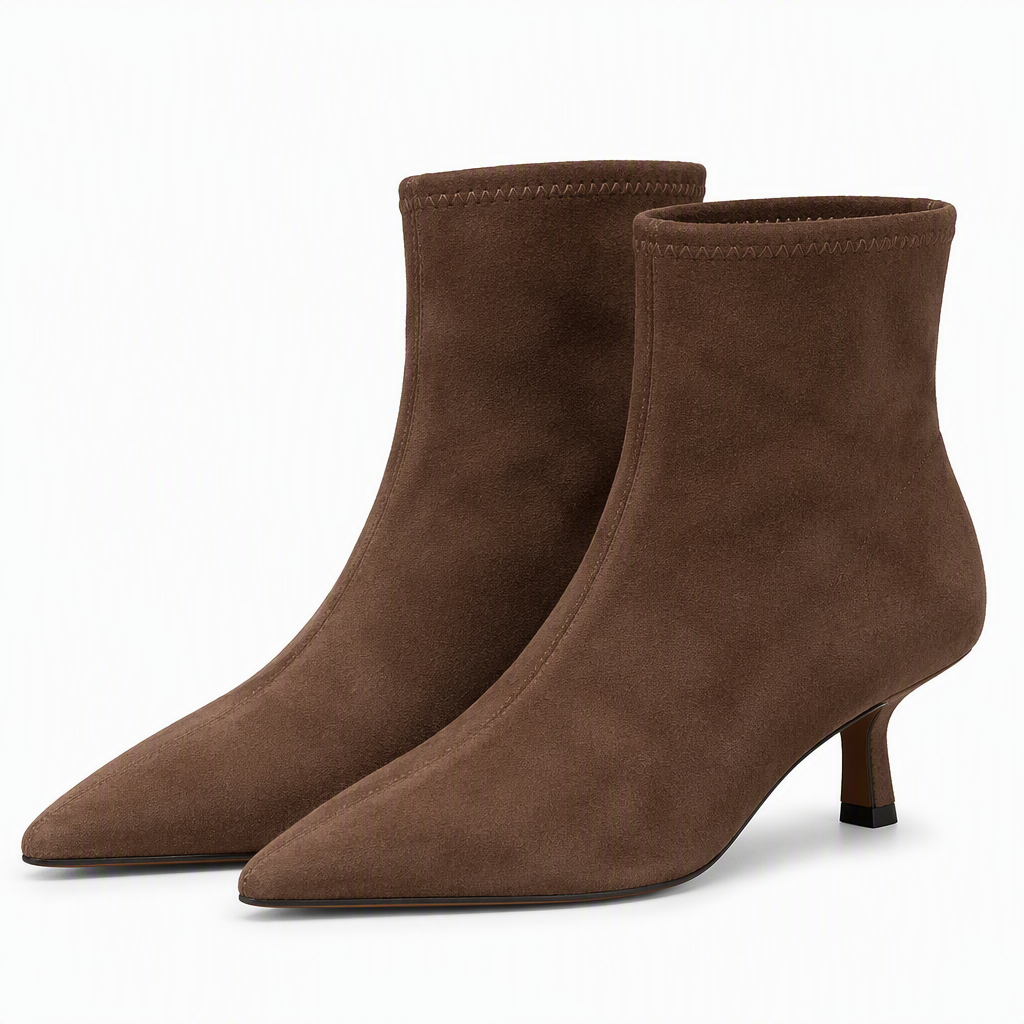 Odalys | Womens Ankle Boots Pointed Toe Kitten Heel Suede Boots Brown 2 packshot