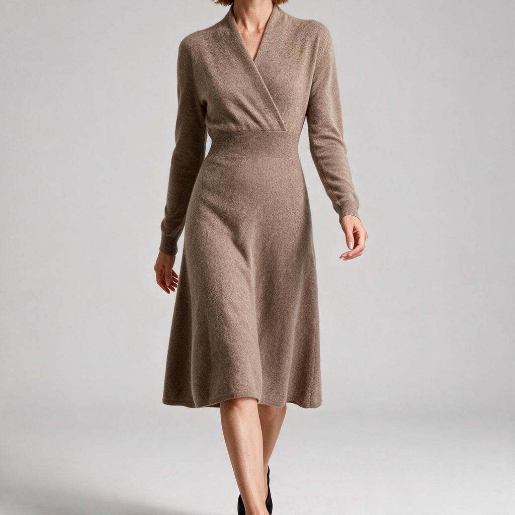Genevieve | Womens Cashmere Knitted V Neck Midi Jumper Wedding Guest Dresses