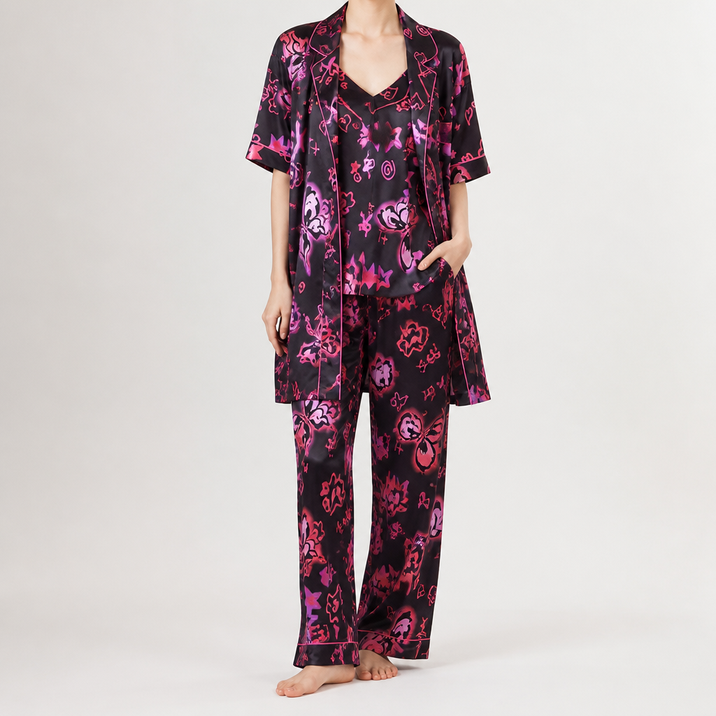 Odette | Womens Short Sleeve Satin Pyjama Set, Black