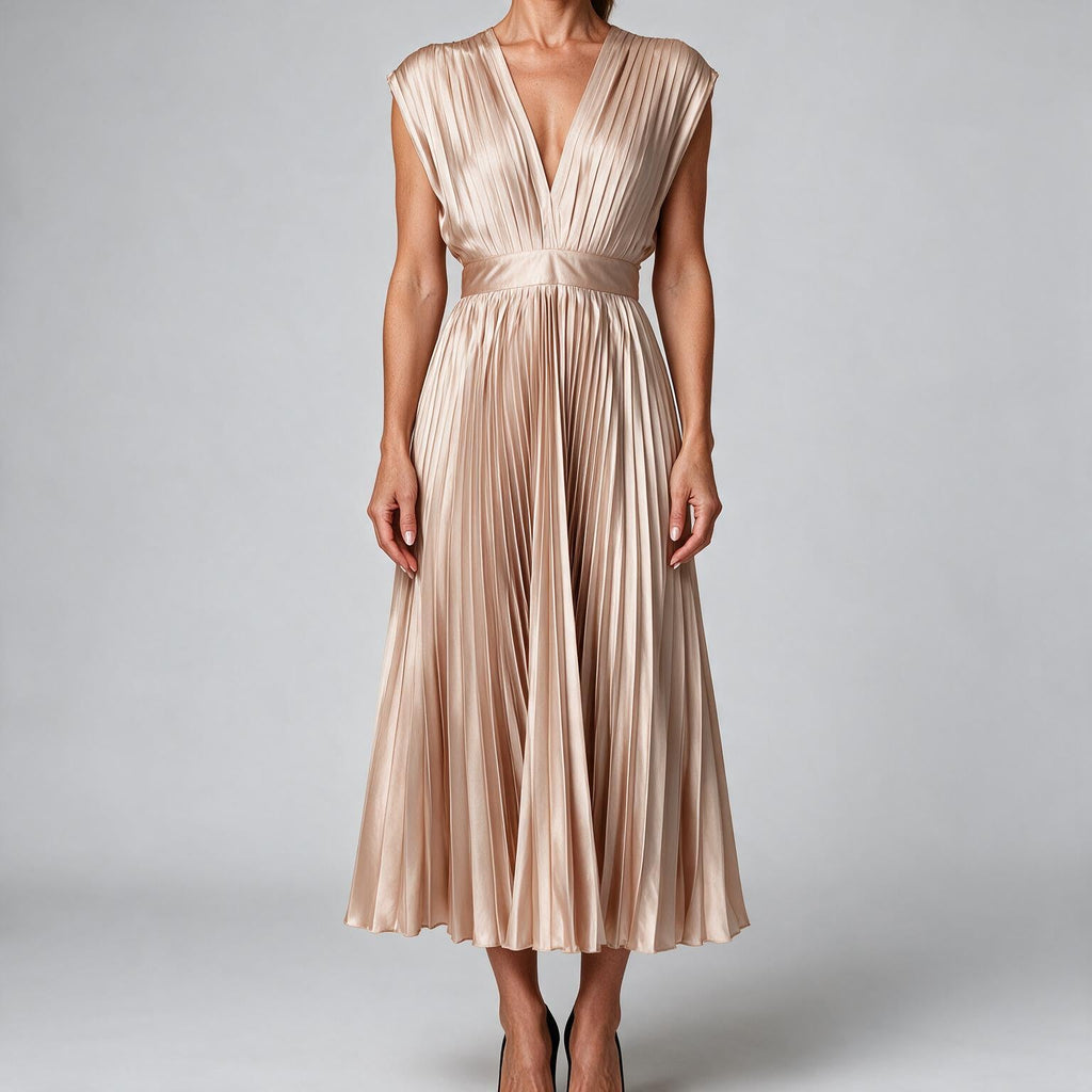 Anais | Womens Wedding Guest Satin V Neck Pleated Midi Dress Nude