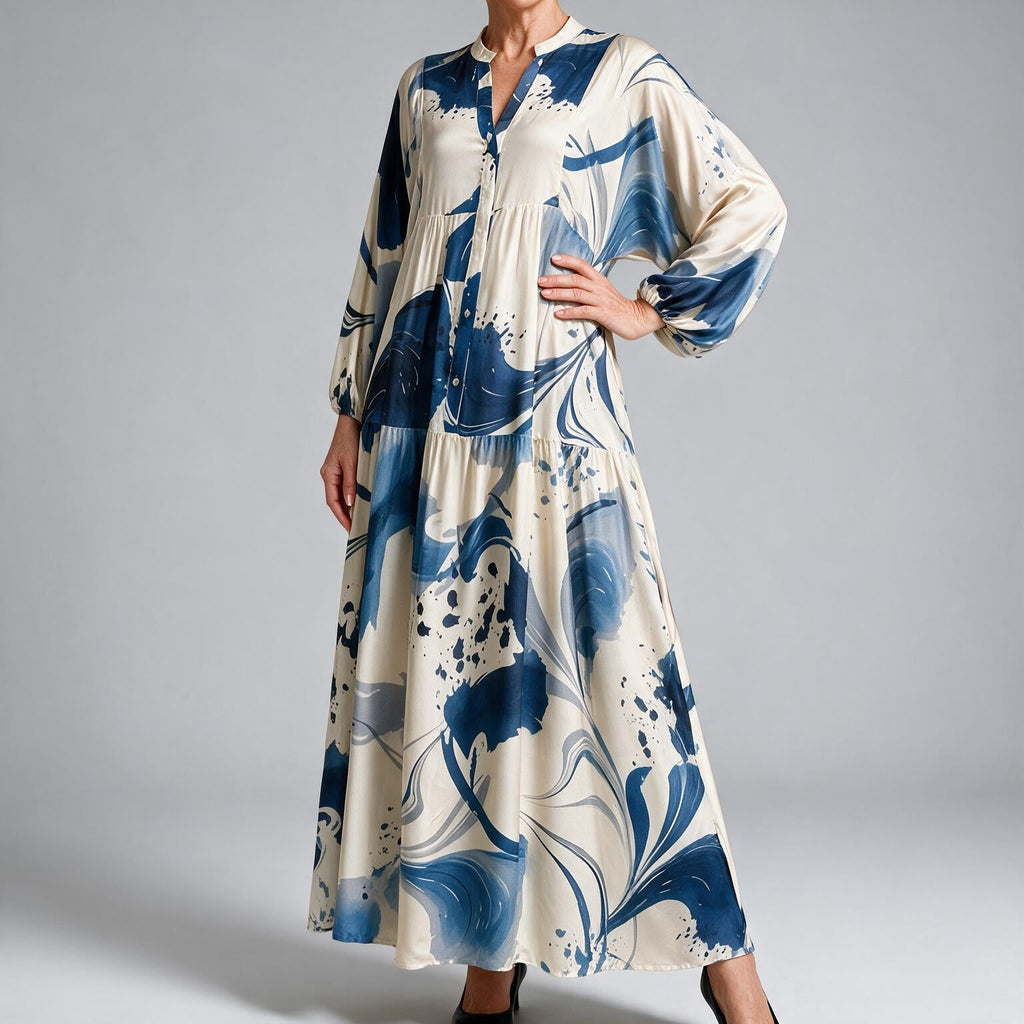 Ulric | Womens Dress Printed Long Sleeve V Neck Loose Maxi Dress