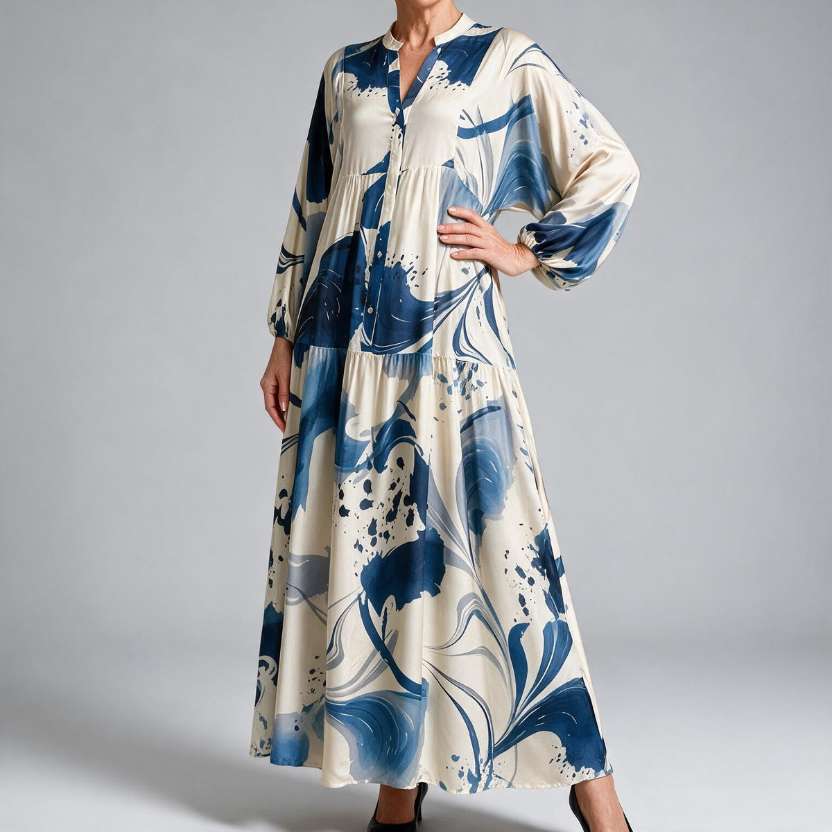 Ulric | Womens Dress Printed Long Sleeve V Neck Loose Maxi Dress