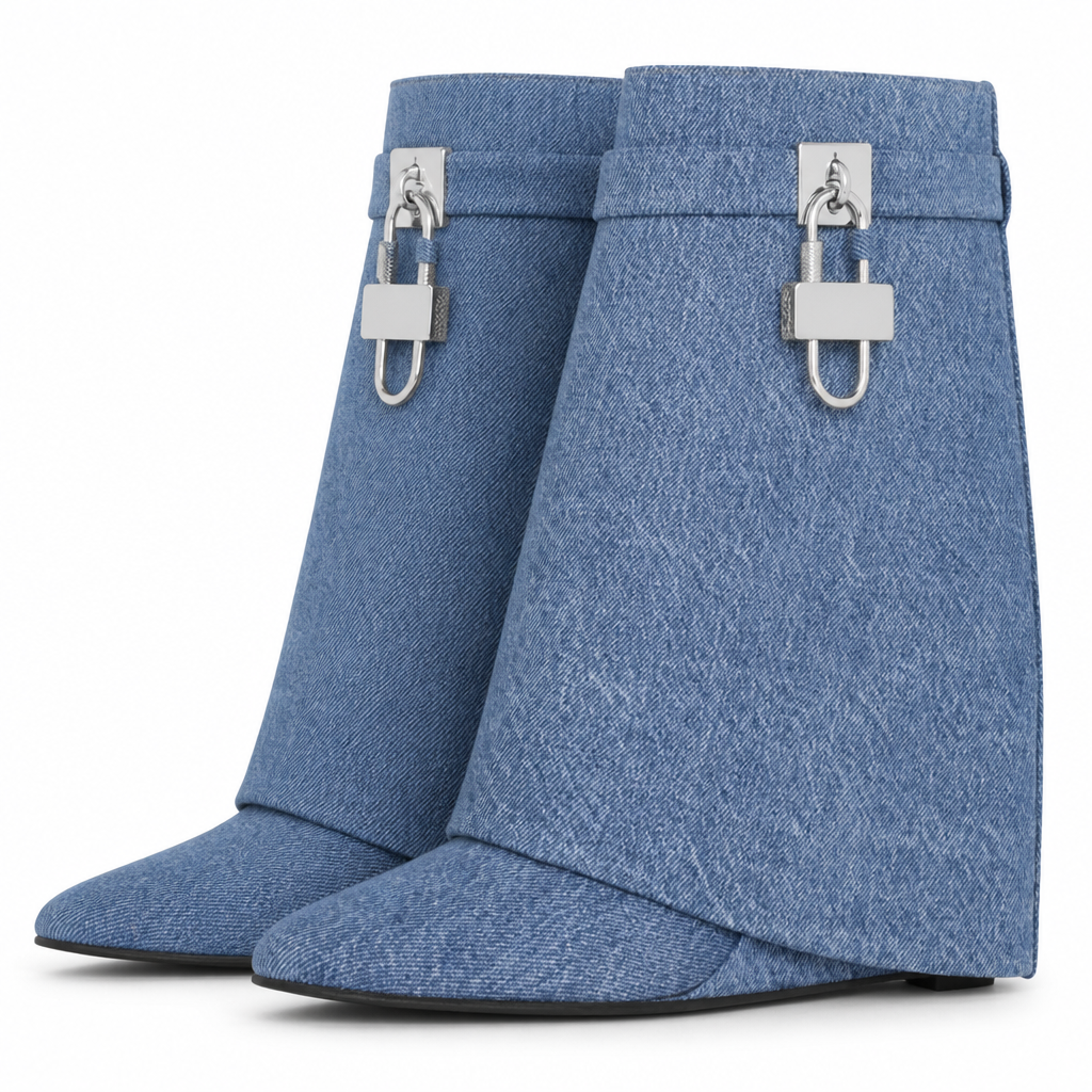 Odette | Womens Platform Boots Heeled Buckle Round Toe Ankle Boots Denim Blue packshot