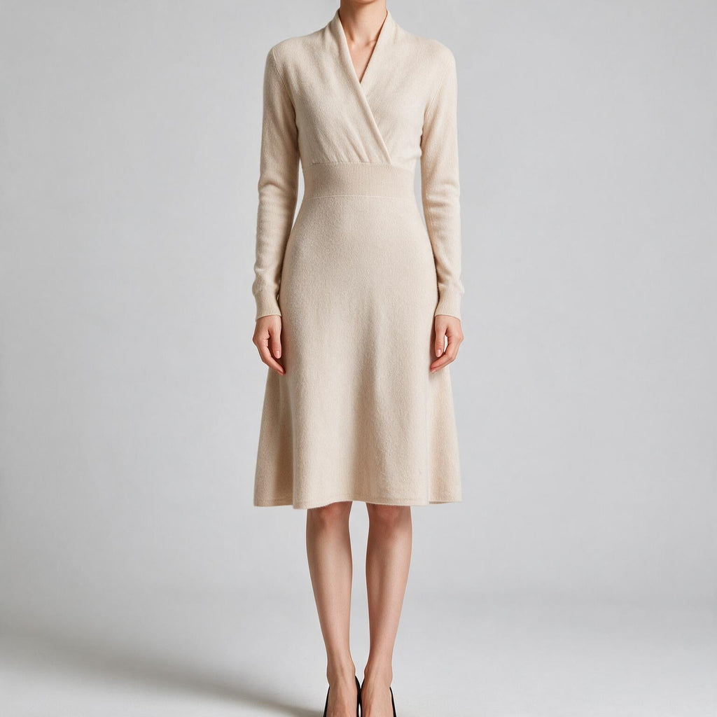 Genevieve | Womens Cashmere Knitted V Neck Midi Jumper Wedding Guest Dresses Light Beige