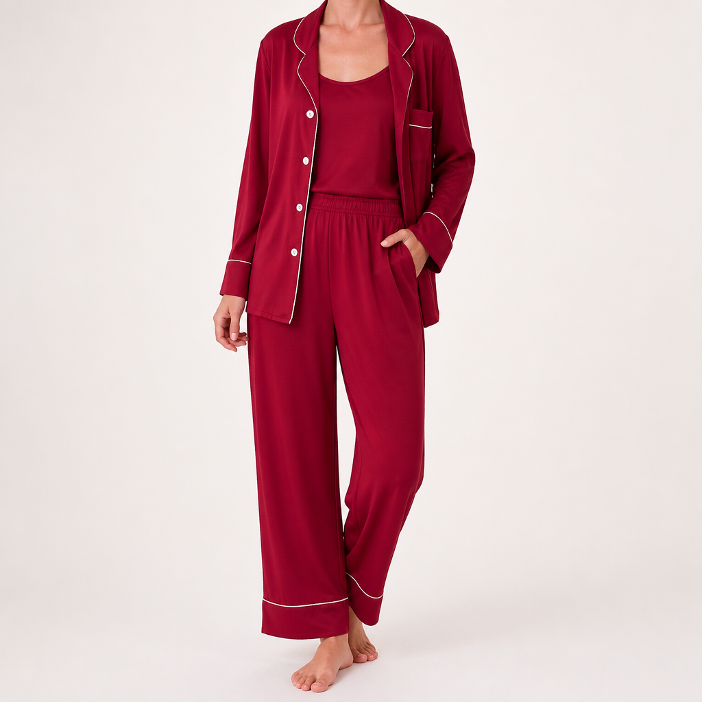 Rosalind | Womens Modal Pyjamas Long Sleeve Loungewear Set, Wine Red