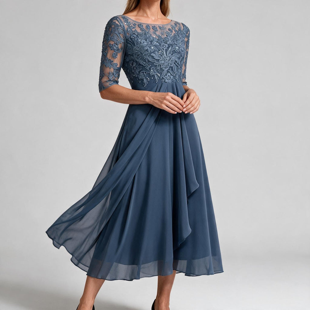 Isla | Womens Wedding Guest Dress Bridesmaid Cocktail Midi Lace Chiffon Dress