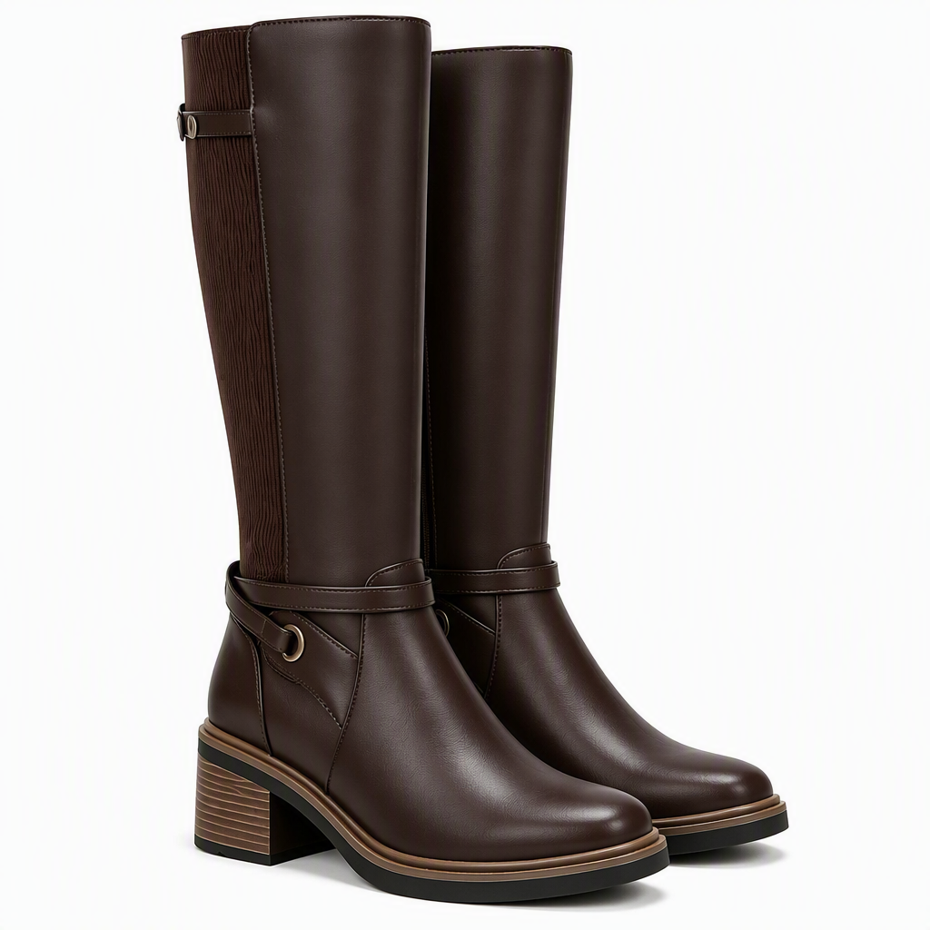 Juniper | Womens Knee High Chunky Heel Side Zip Boots Spliced square Head 2 packshot