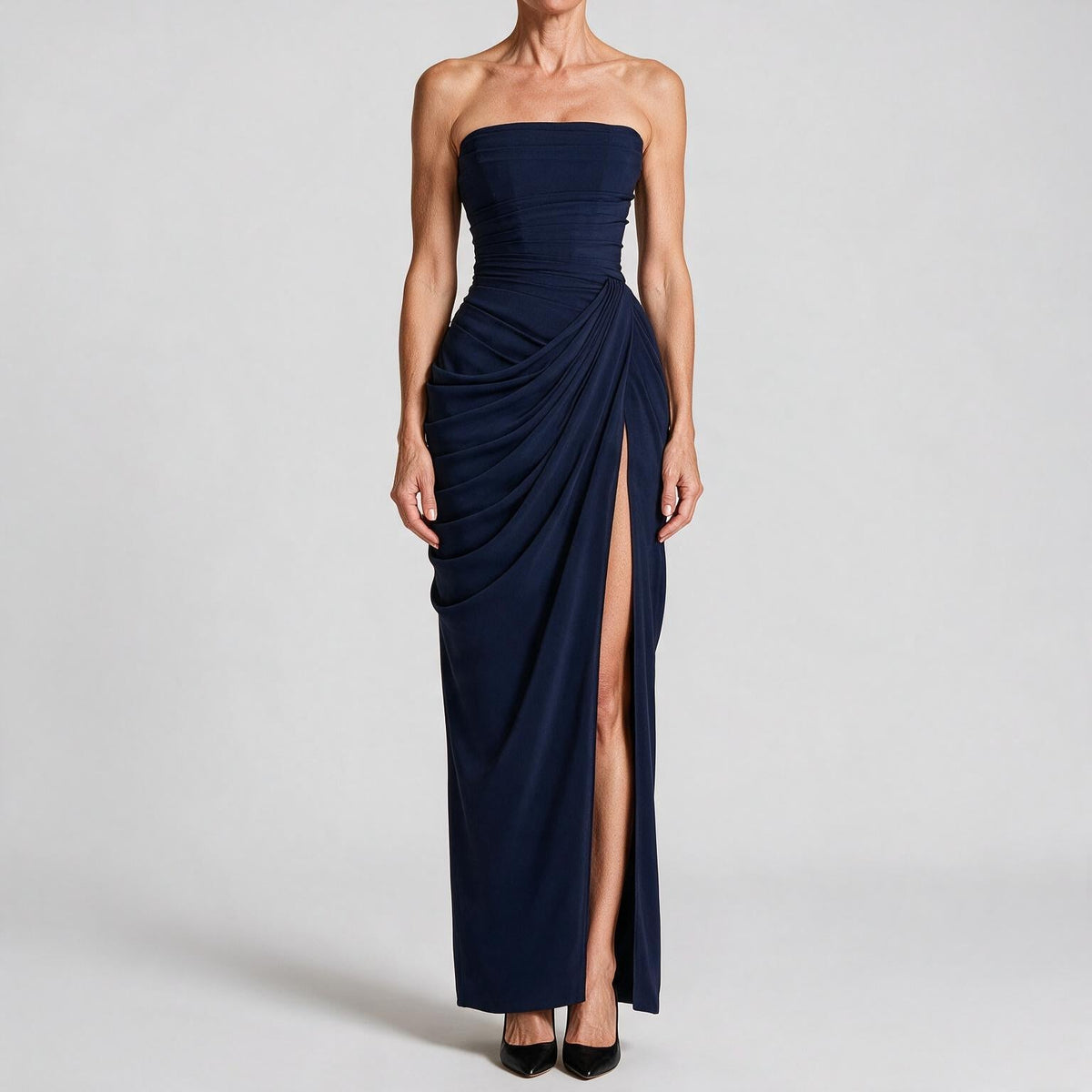 Freya | Womens Strapless Pleated Slit Maxi Wedding Guest Black Tie Summer Dresses Dark Blue