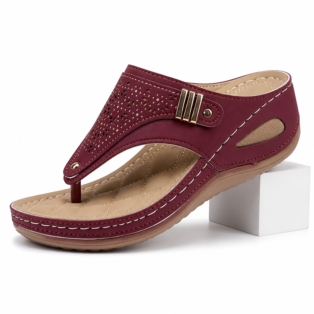 Odile | Womens Studded Toe Post Wedge Flip Flop Sandals Burgundy packshot