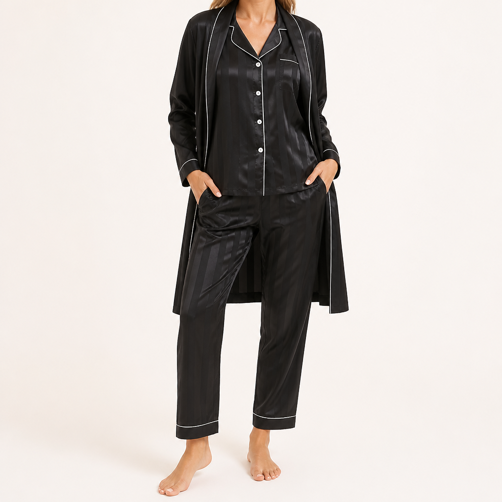 Amara | Womens Satin Jacquard Loungewear Pyjama Set, Black
