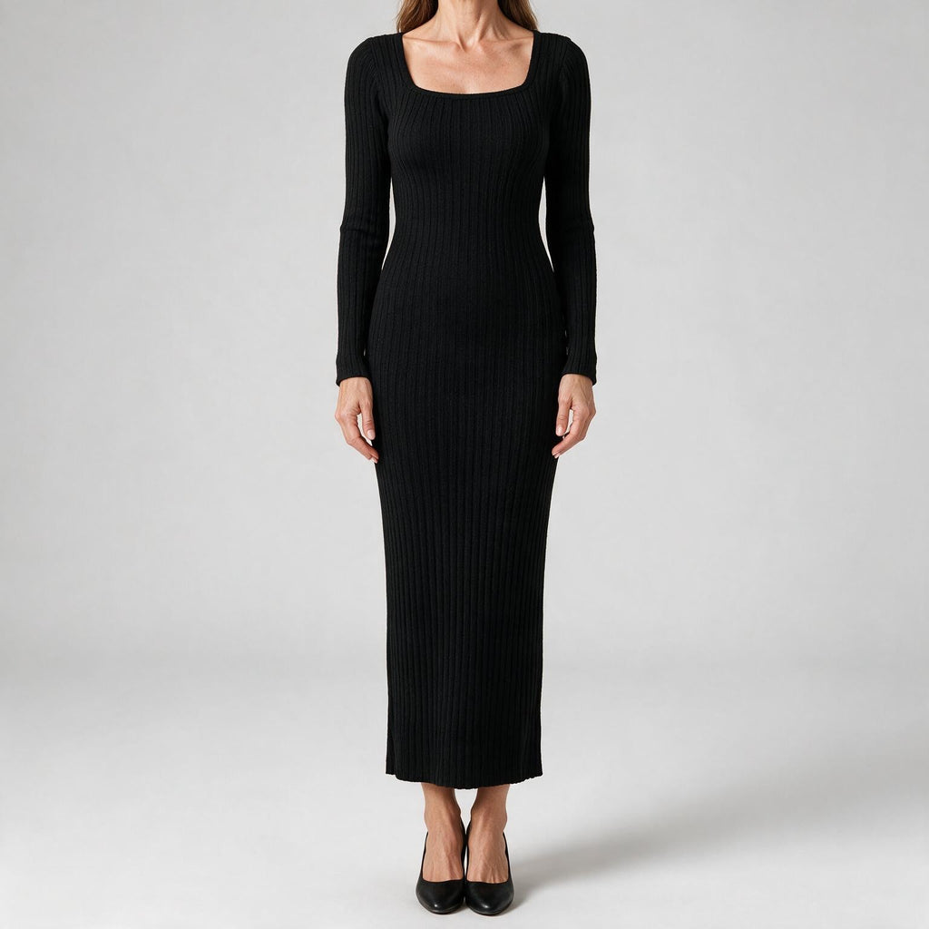 Aviana | Womens Jumper Dress Maternity Knit Long Sleeve Ribbed Dress Black