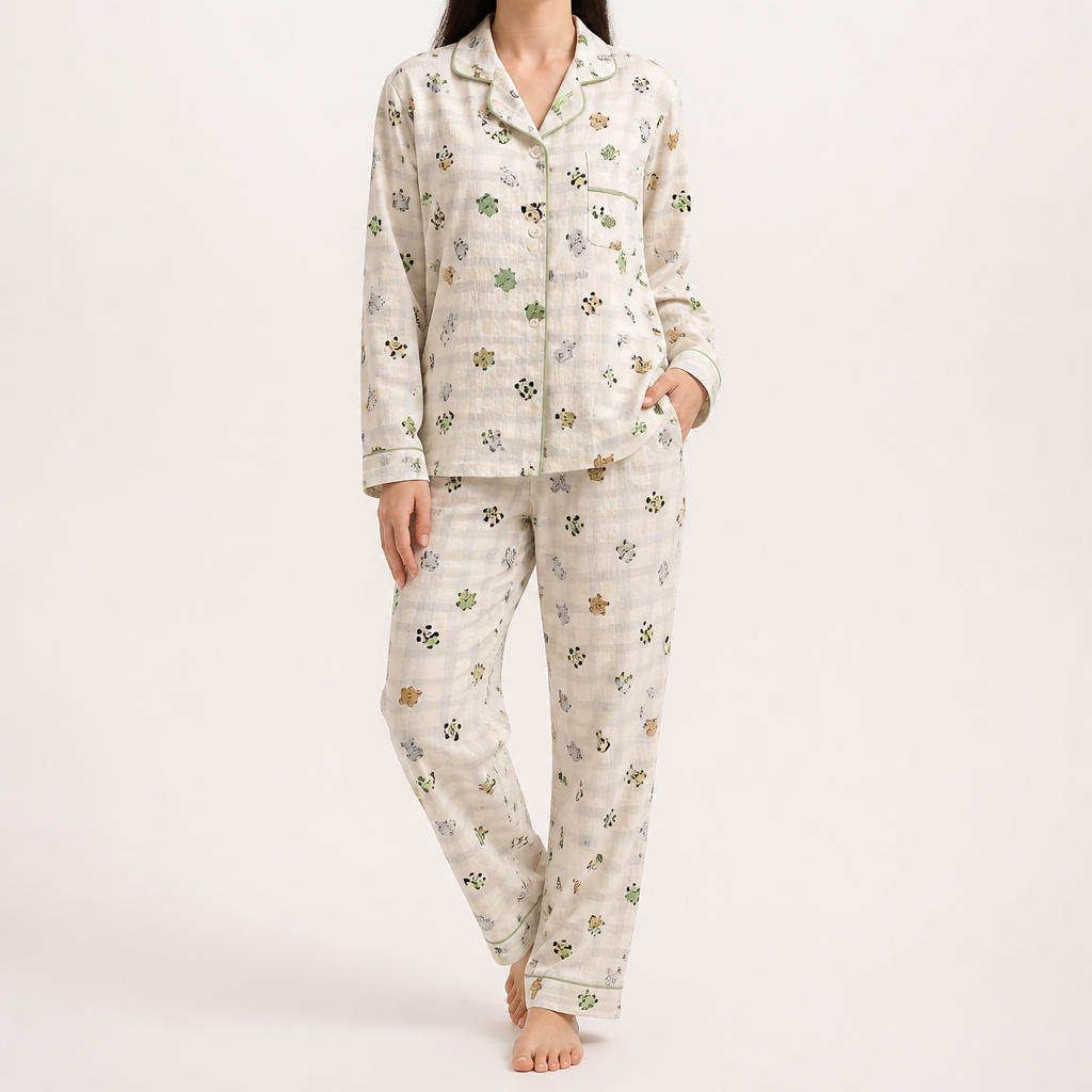Beatrix | Womens Long Sleeve Cotton Pyjama Set Loungewear, Ivory 3