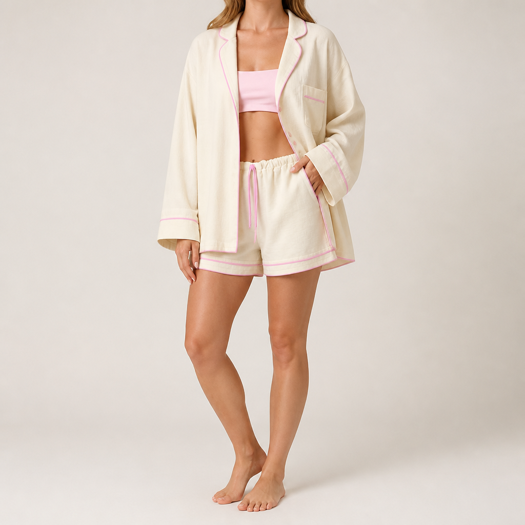 Isabella | Womens Cotton Cardigan Shorts Pyjama Set, Apricot