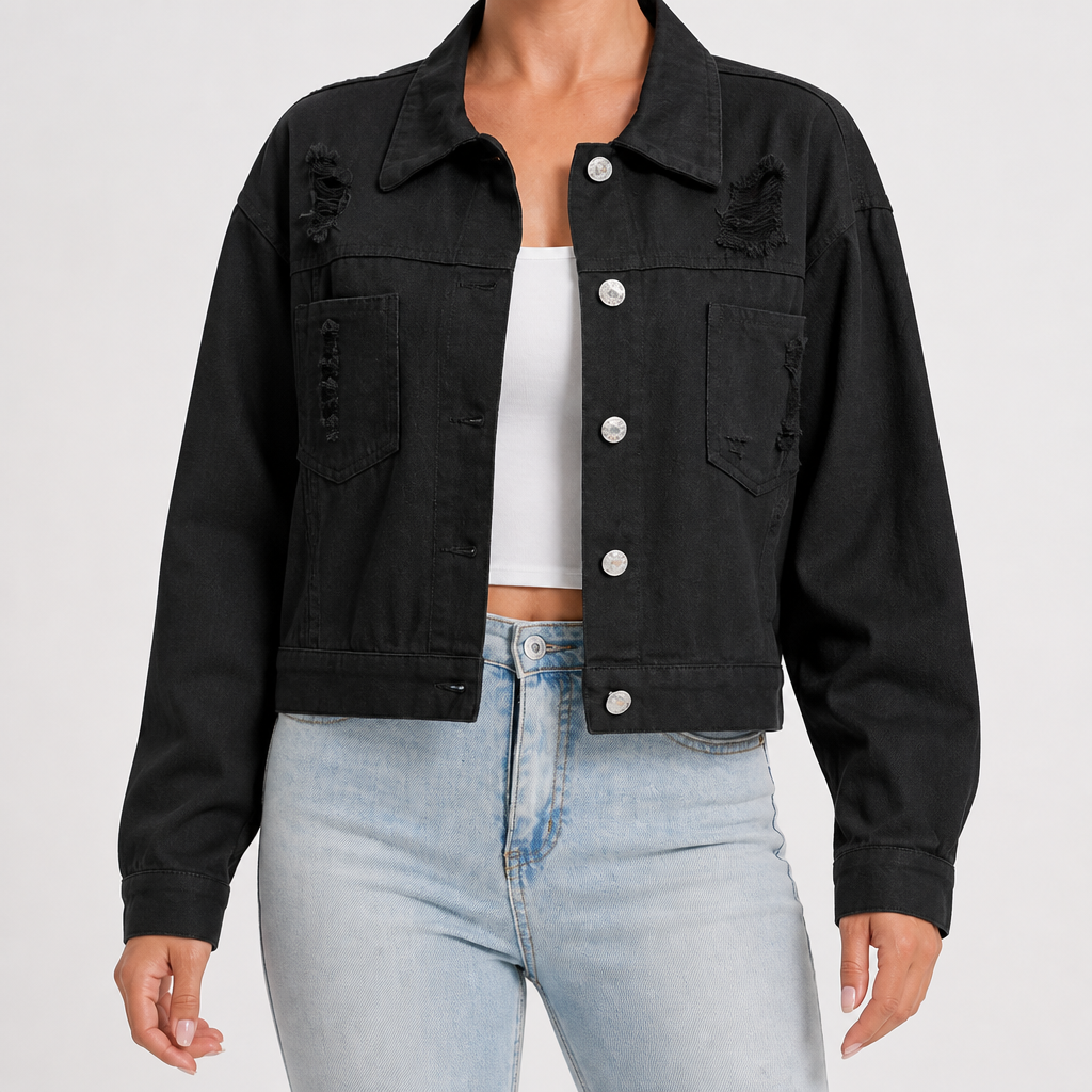 Genevieve | Womens Distressed Fringe Denim Jacket, Black