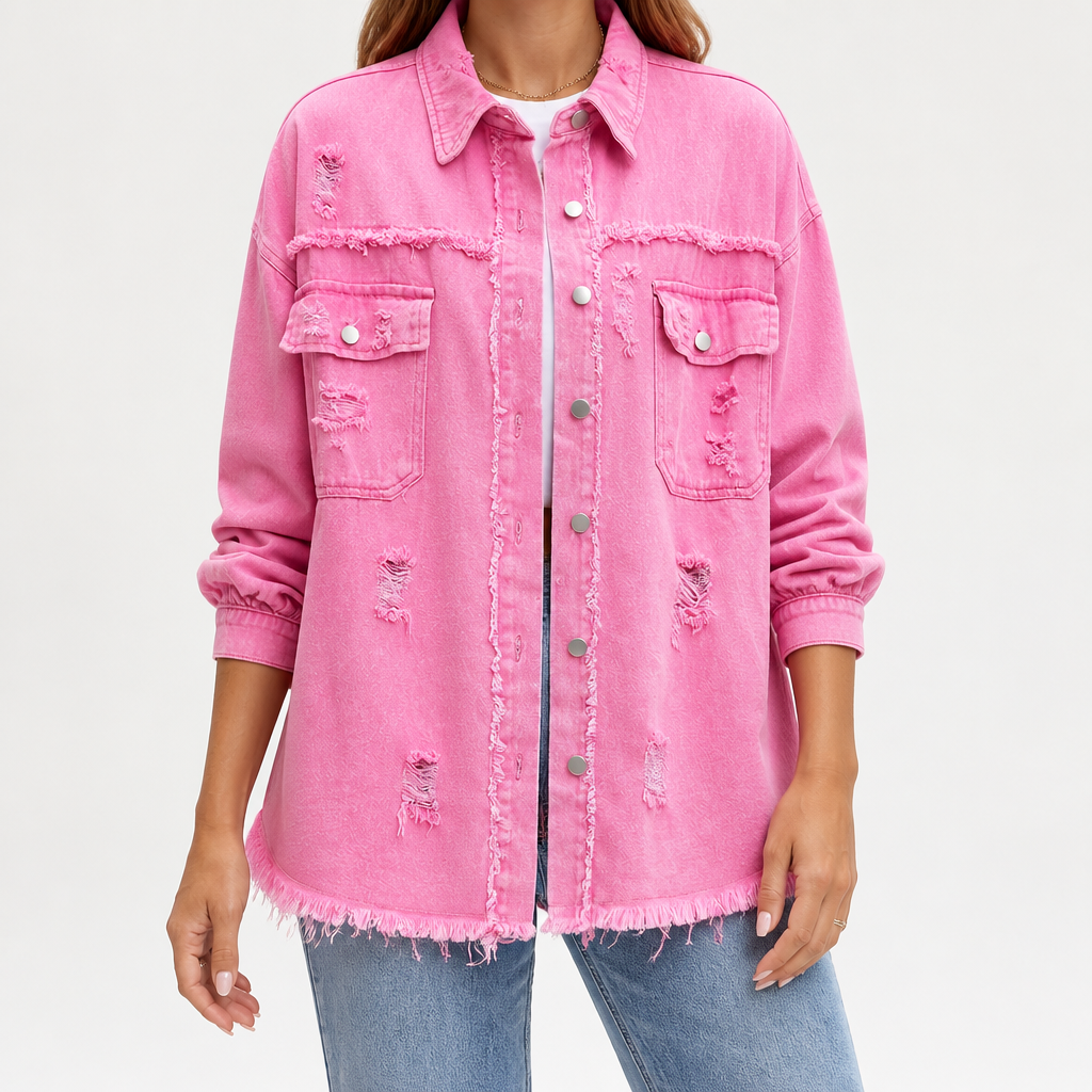Genevieve | Womens Ripped Longline Denim Jacket, Bright Pink