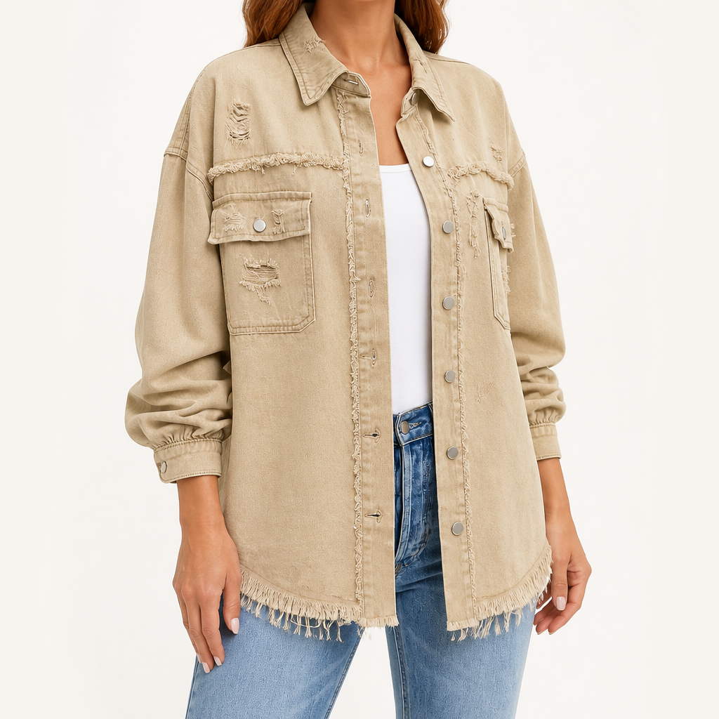 Genevieve | Womens Ripped Longline Denim Jacket, Khaki