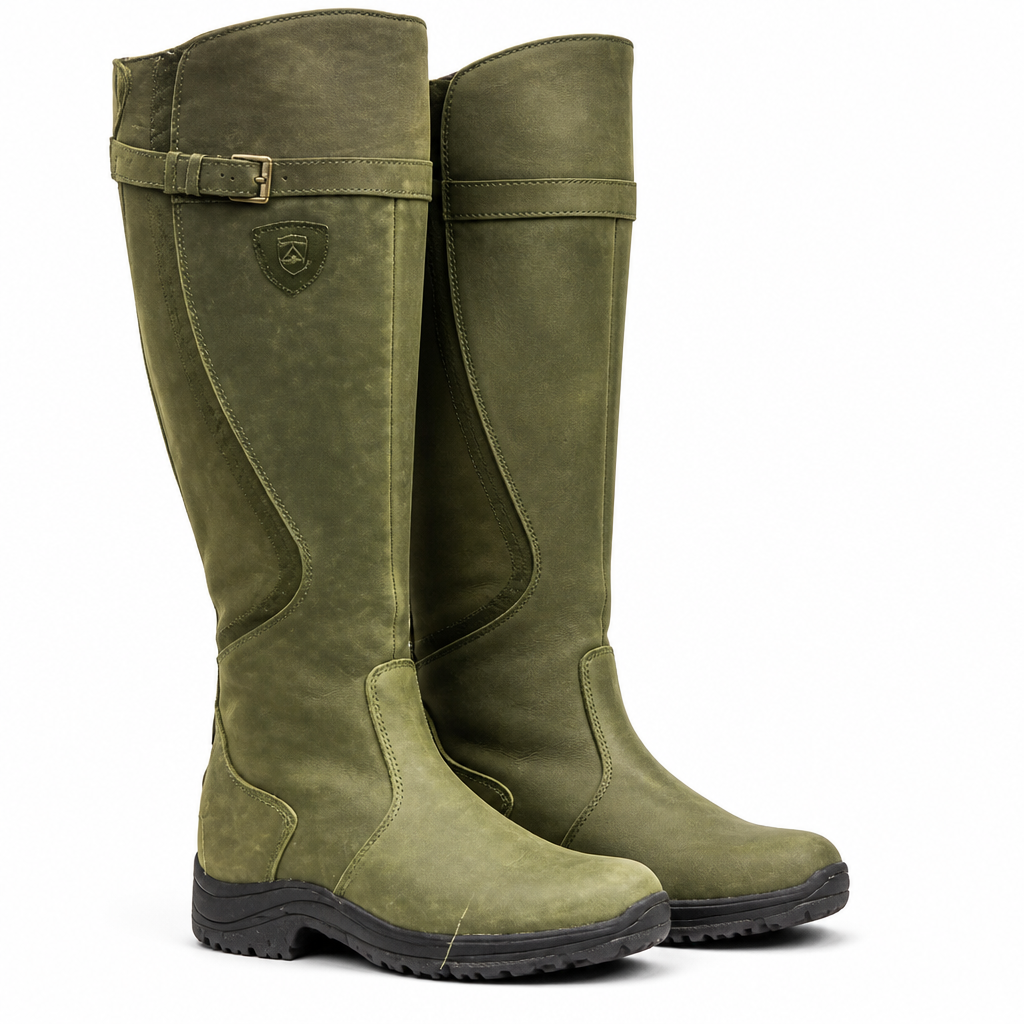 Amos | Womens Knee High Riding Buckle Equestrian Retro Boots Green packshot