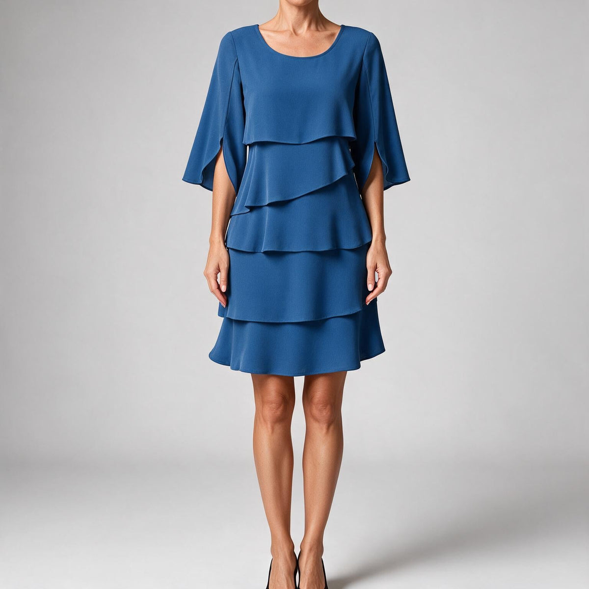 Antonia | Womens Wedding Guest Midi Dresses Round Neck Tiered Patchwork Dress Blue