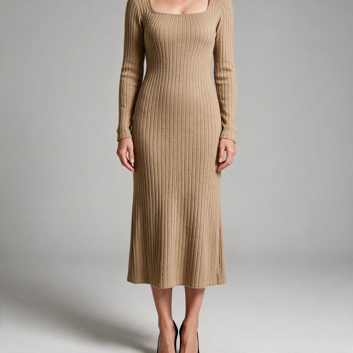 Aviana | Womens Jumper Dress Maternity Knit Long Sleeve Ribbed Dress Khaki