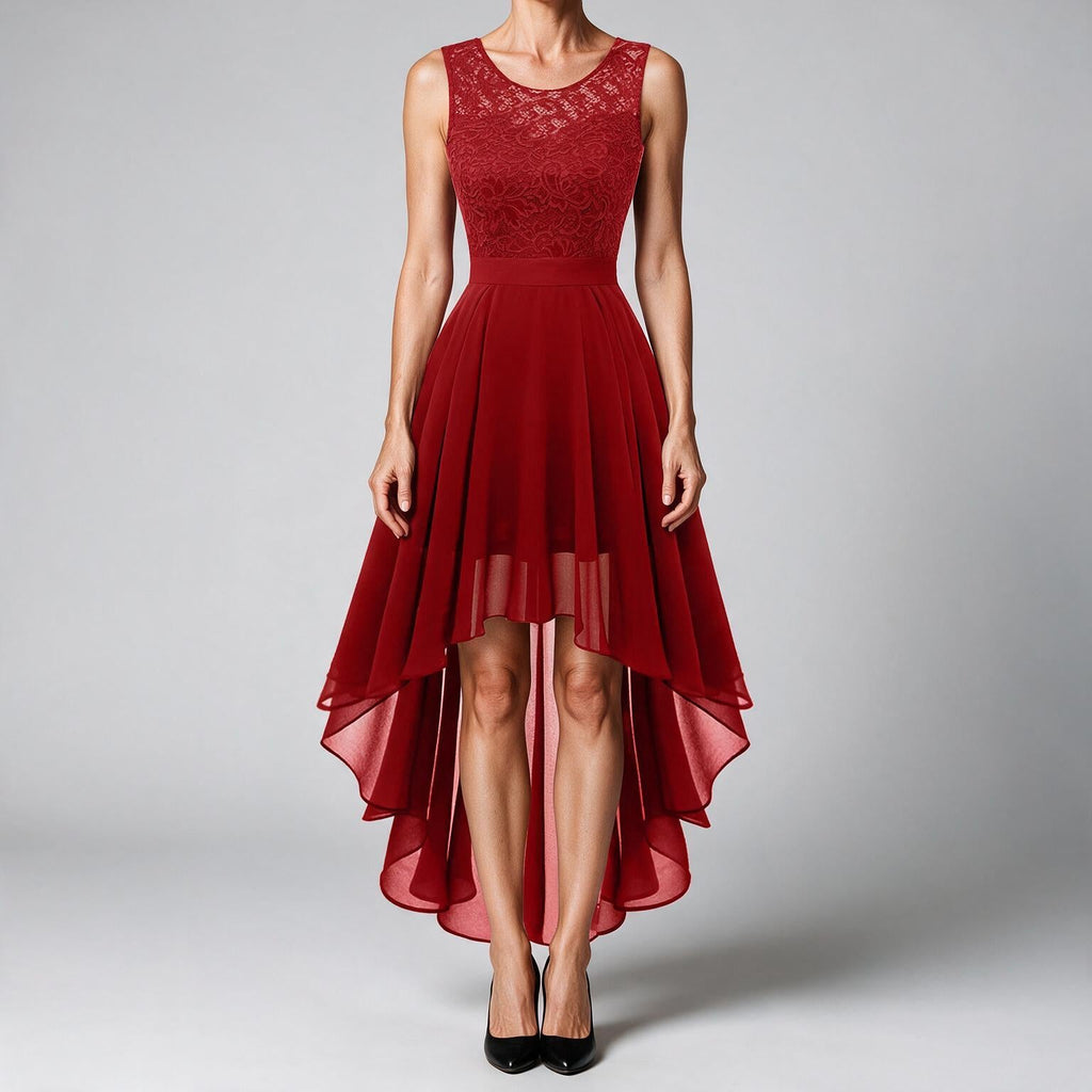 Eleanor | Womens Cocktail Lace Midi Wedding Guest Evening Formal Long Elegant Dresses Red