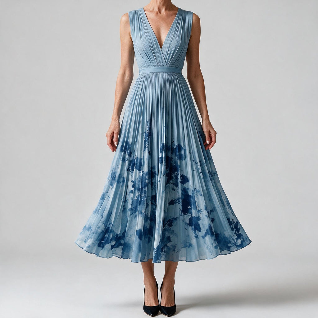 Seraphina | Womens Wedding Guest Maxi Summer Dresses Sleeveless Pleated Printed Dress Blue