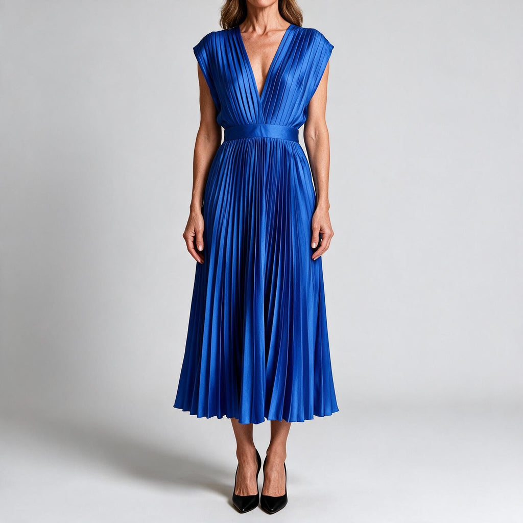Anais | Womens Wedding Guest Satin V Neck Pleated Midi Dress