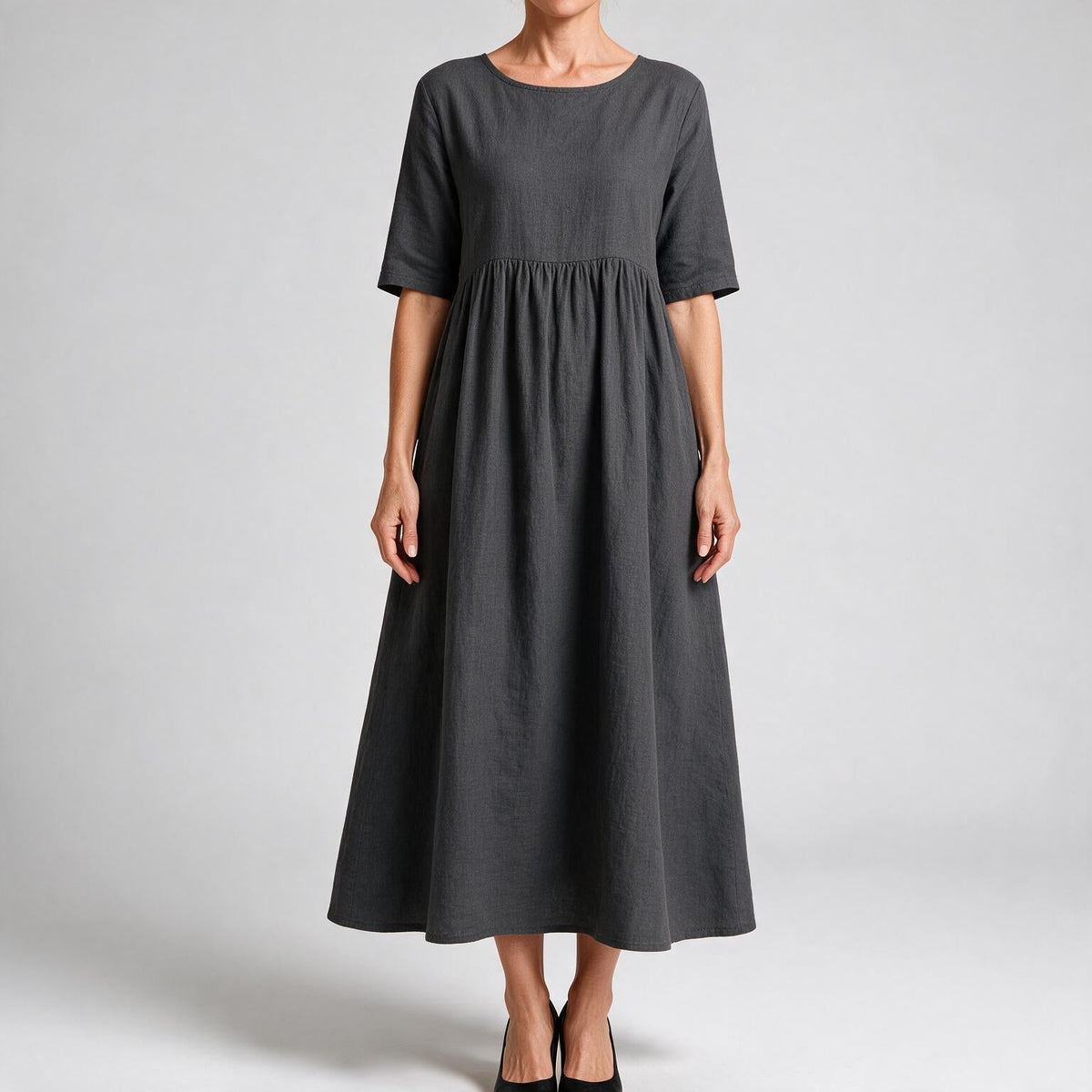 Saoirse | Womens Wedding Guest Summer Midi Cotton Linen Round Neck Dresses Dark Grey