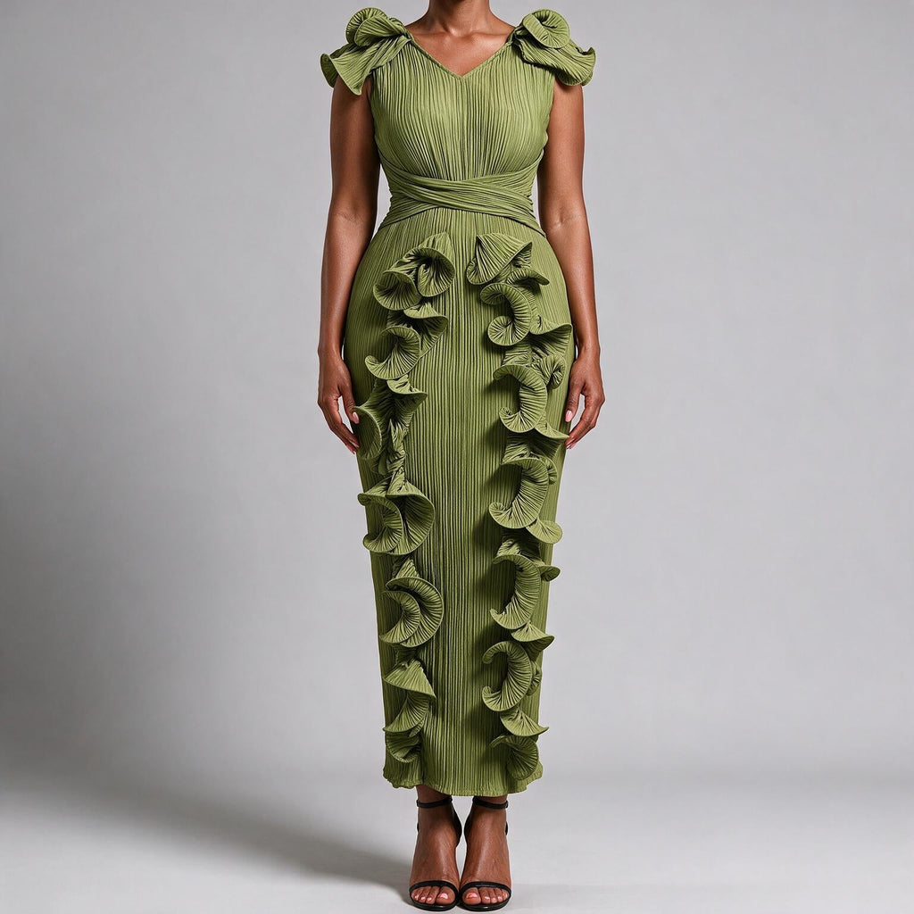 Mireille | Womens Wedding Guest Dress Pleated Ruffle Evening Maxi Dress