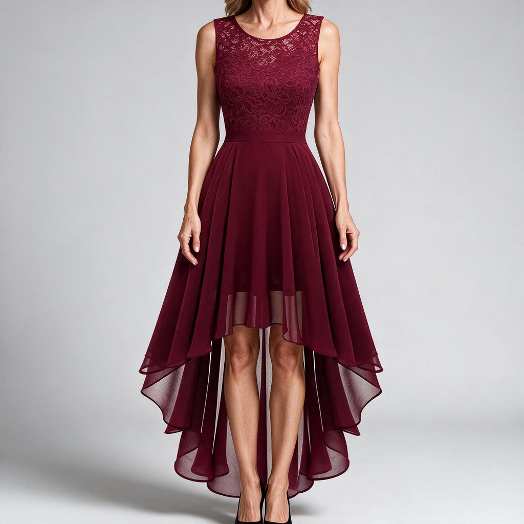 Eleanor | Womens Cocktail Lace Midi Wedding Guest Evening Formal Long Elegant Dresses Wine Red