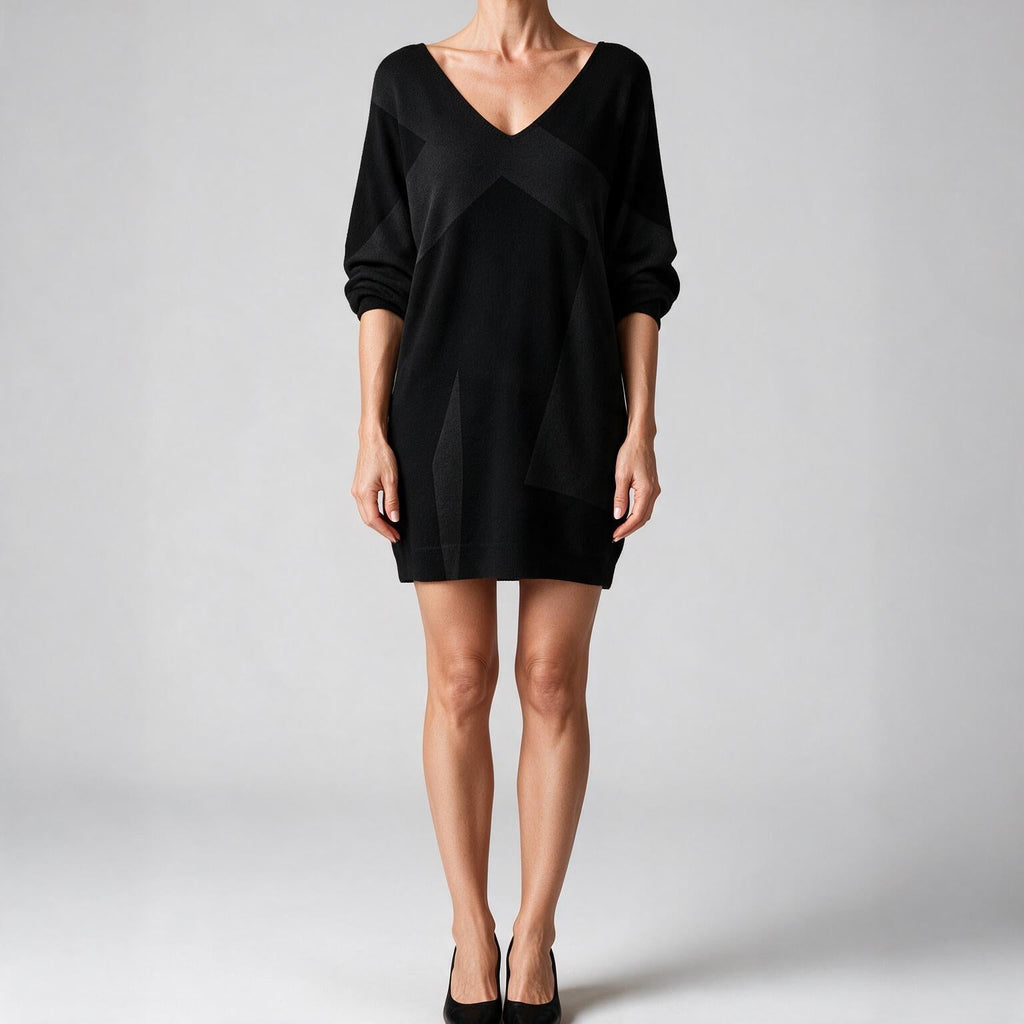 Rhian | Womens Wedding Guest V Neck Printed Long Sleeve Mini Dress Black