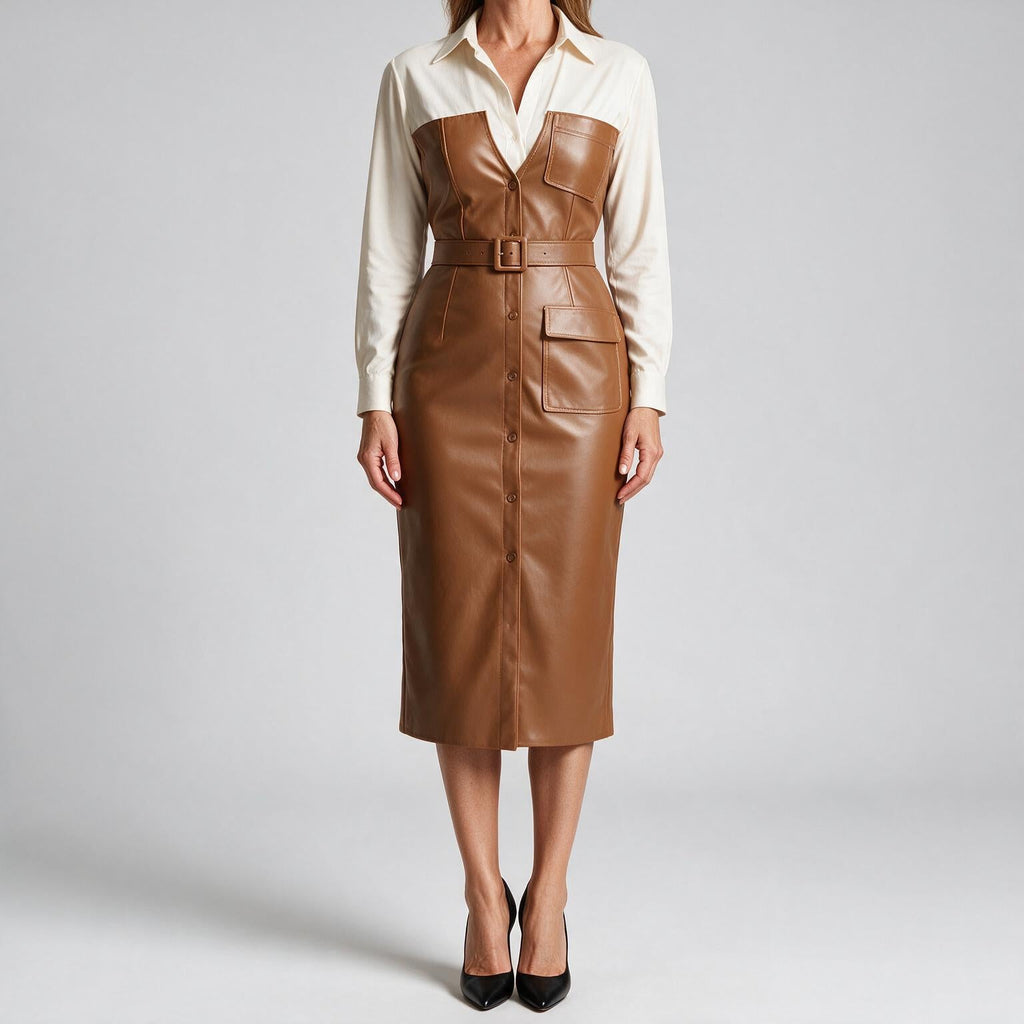 Aurelia | Womens Shirt Dress Long Sleeve Belted Leather Look Midi Dress Light Brown