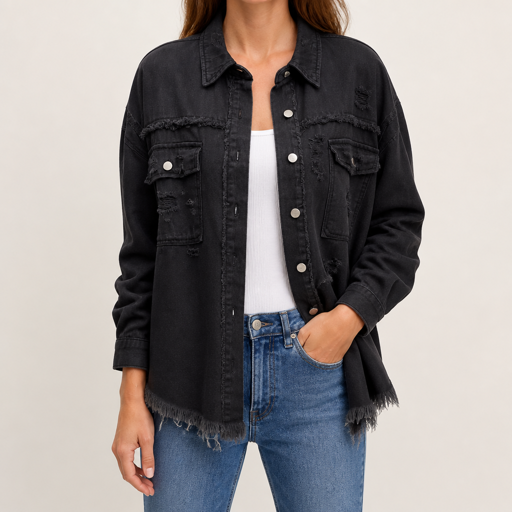 Clarissa | Womens Longline Distressed Denim Jacket, Black