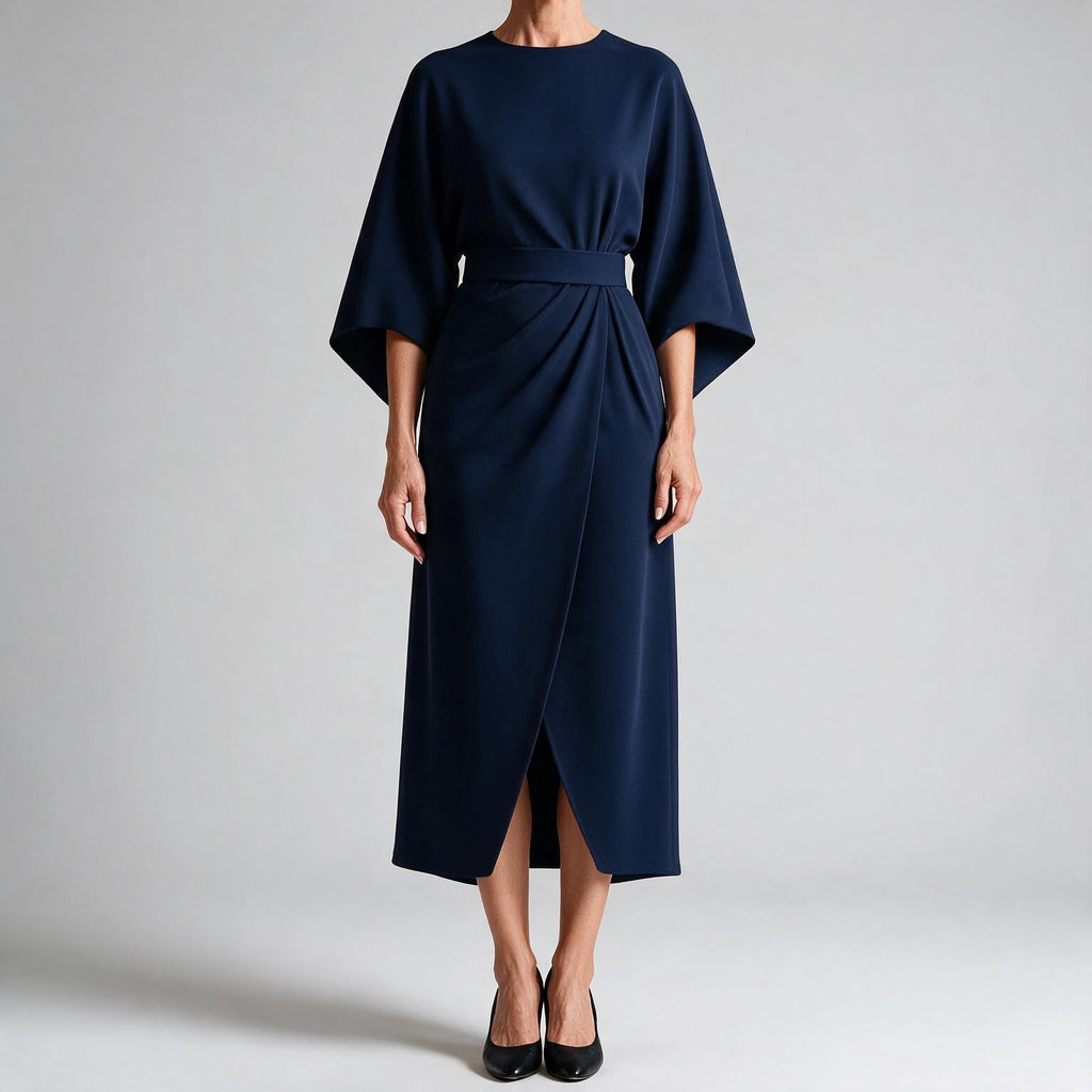 Rhoswen | Womens Wedding Guest Dresses Batwing Sleeve Maxi Elegant Dress Navy Blue