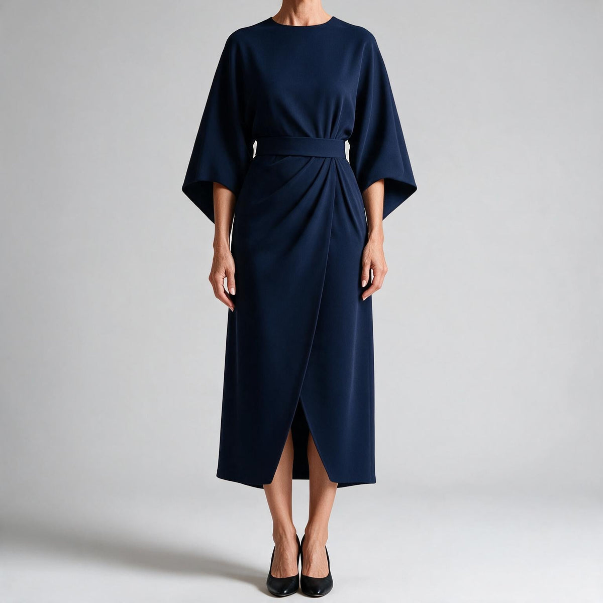 Rhoswen | Womens Wedding Guest Dresses Batwing Sleeve Maxi Elegant Dress Navy Blue