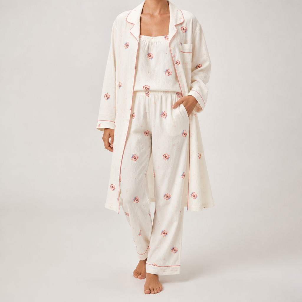 Rosalind | Womens Long Sleeve Button Up Cotton Pyjama Set Loungewear, Cream 2