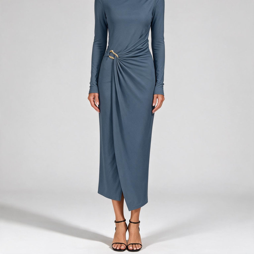 Petra | Womens Wedding Guest Long Sleeve Bodycon Midi Prom Dress Blue
