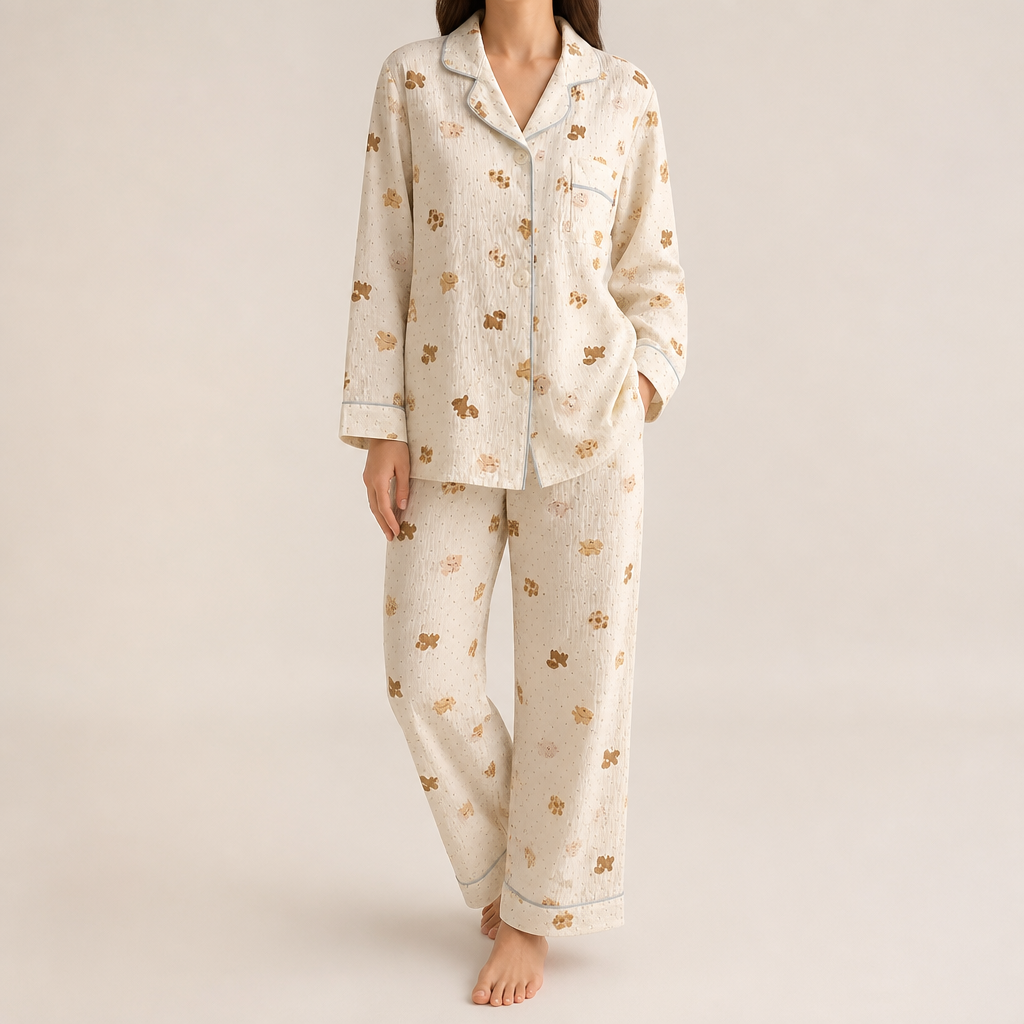 Beatrix | Womens Long Sleeve Cotton Pyjama Set Loungewear, Beige 2