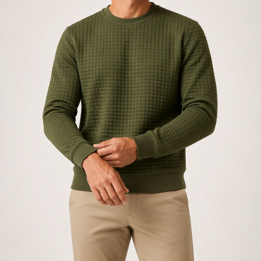 Reuben | Mens Sweatshirt Checkered Crewneck Pullover Warm Knit Sweater, Army Green