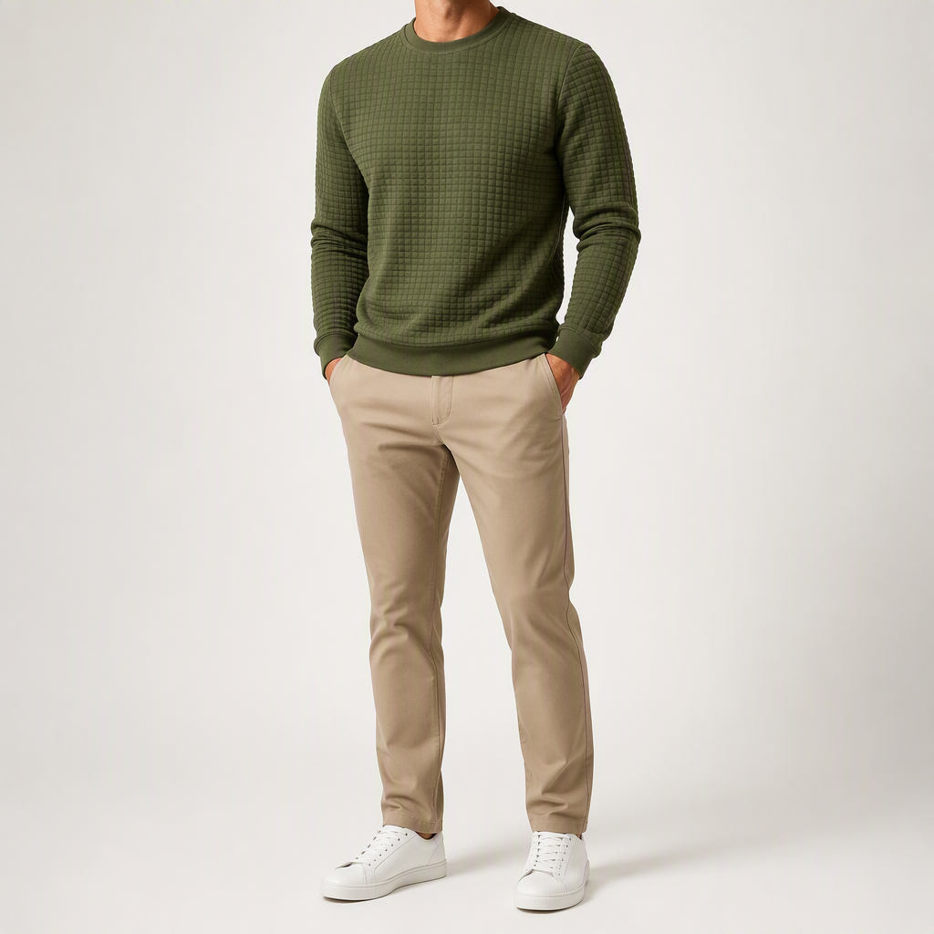 Reuben | Mens Sweatshirt Checkered Crewneck Pullover Warm Knit Sweater, Army Green