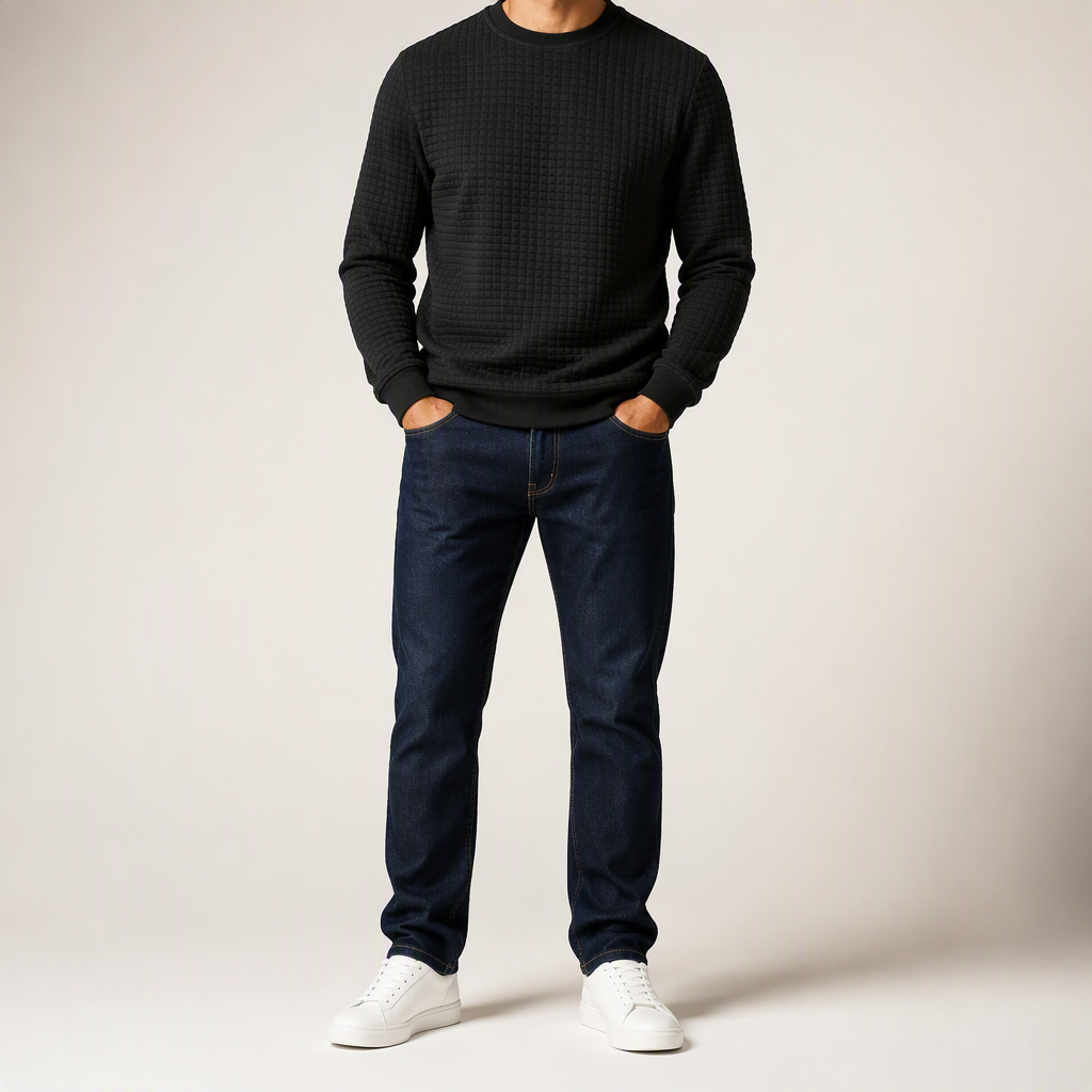 Reuben | Mens Sweatshirt Checkered Crewneck Pullover Warm Knit Sweater, Black