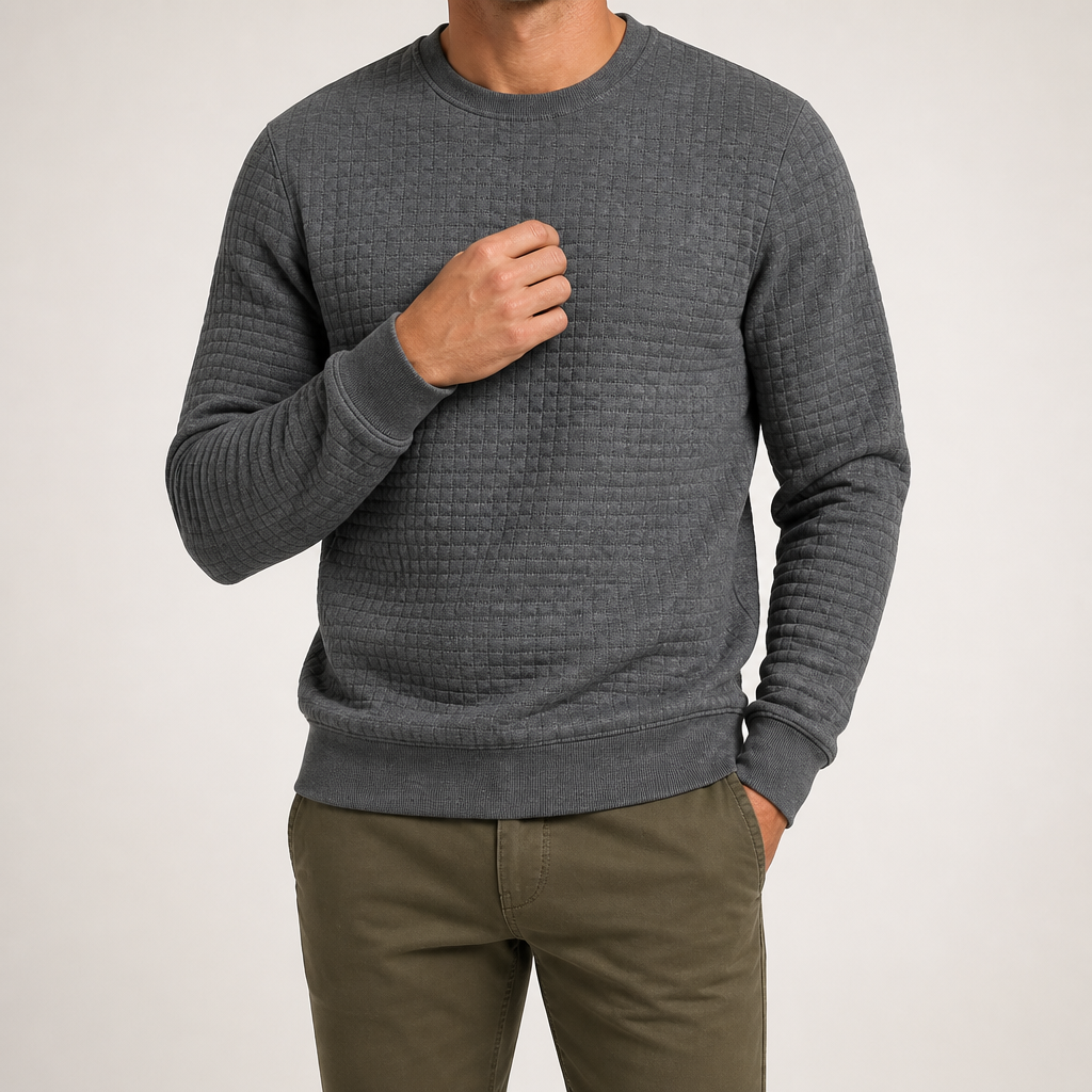 Reuben | Mens Sweatshirt Checkered Crewneck Pullover Warm Knit Sweater, Dark Grey