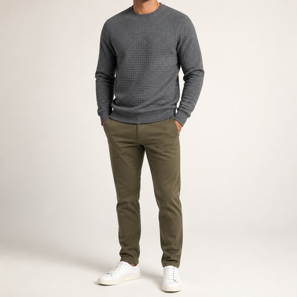 Reuben | Mens Sweatshirt Checkered Crewneck Pullover Warm Knit Sweater, Dark Grey